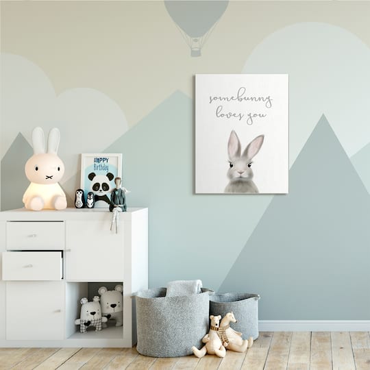 Stupell Industries Somebunny Loves You Quote Grey Rabbit Animal Pun Canvas Wall Art